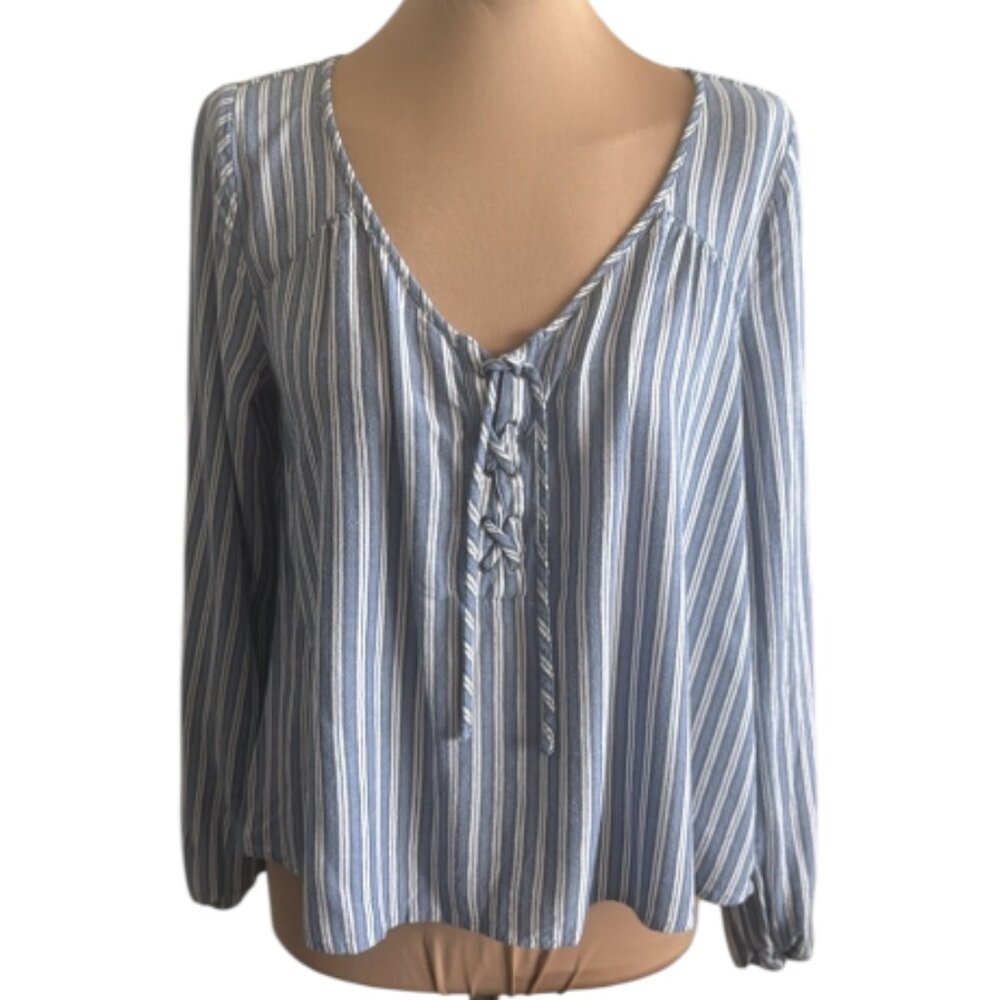 Hollister Denim Blue and White Striped Blouse Long Sleeves Sz. L